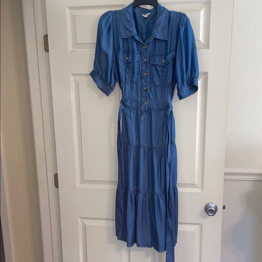 Light weight denim Button-Front Midi Dress with Tie Waist XL